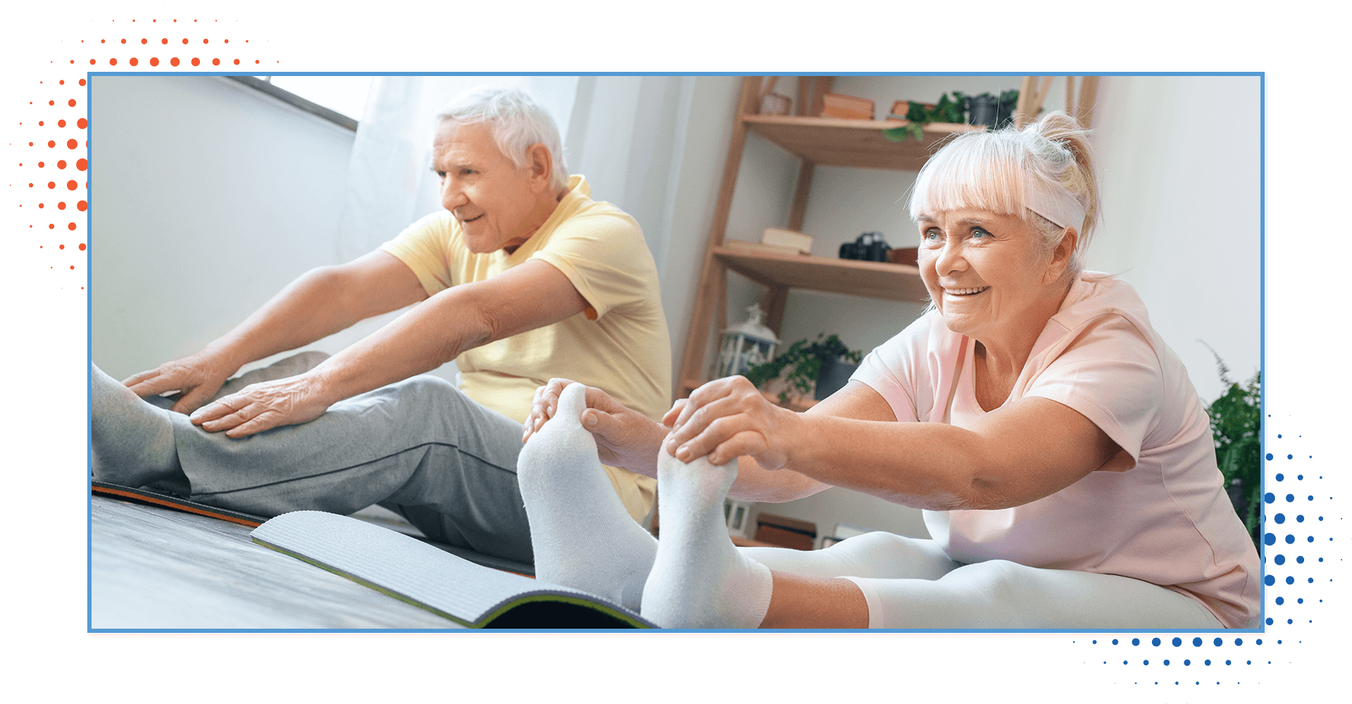 An older couple stretching on floor