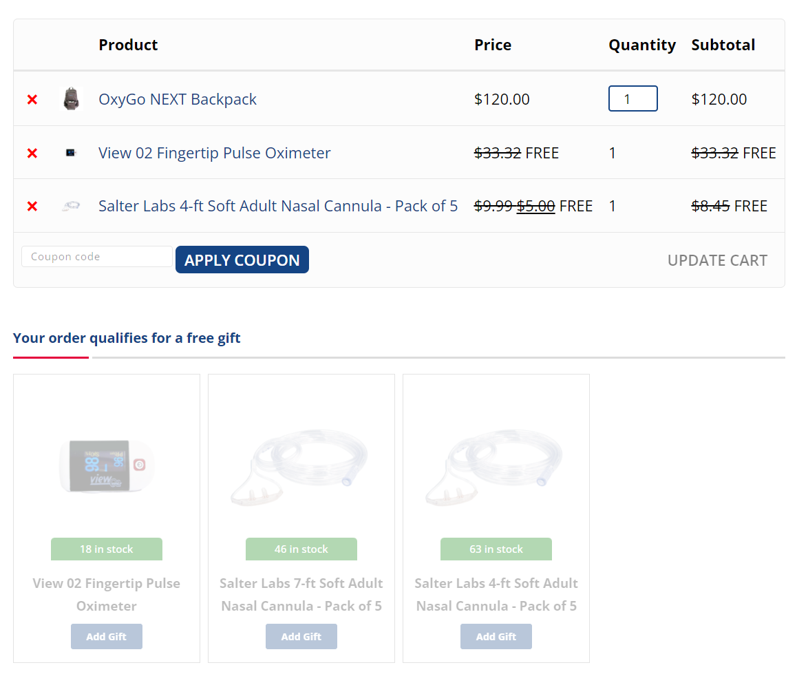 Oxygen Parts free gifts in shopping cart
